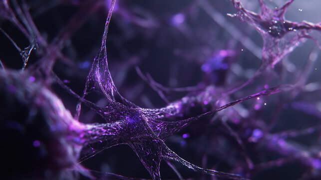 Purple abstract brain cells, digital neural network, Microscopic Bio Connection Synapse Concept - Powered by Adobe