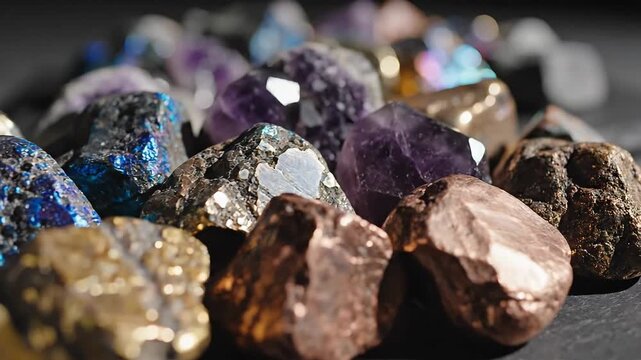 Close-Up Shot of Various Colorful Mineral Rocks on Black Surface Under Dramatic Lighting
