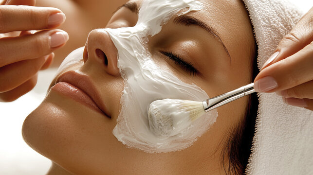 A woman relaxes as a professional applies a creamy mask to her skin, enjoying pampering moments at a beauty salon during daylight hours