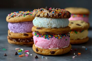 Stacked ice cream sandwiches with cookies sprinkles chocolate chips