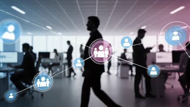 A modern open office with abstract blue and pink network connections, silhouette people at work, and digital data visualization for communication concepts. - Powered by Adobe