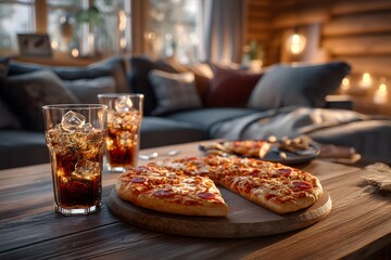 Pizza and two glasses of soda are on a wooden table in a cozy living room. The atmosphere is relaxed and inviting, perfect for a casual meal or gathering with friends and family