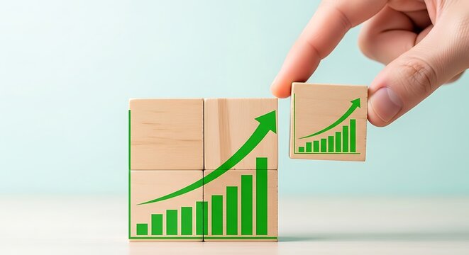 Hand placing wooden block with green graph up, business growth concept, return on investment, increase profit, isolated on white background