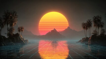 Retrofuturistic sunset over a stylized island landscape.  A large, vibrant, golden-orange sun sets behind a mountain range reflected on a water surface.  Palm trees line the shore