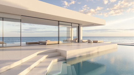 Minimalist white structure by the ocean with a reflective pool