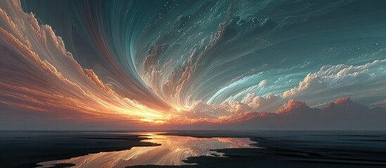 A vibrant sunset casts light on water, creating a reflection of swirling clouds