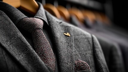Close-up of tailored suits hanging on wooden hangers, detail view