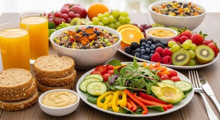 Vibrant Feast: A colorful array of fresh and healthy foods, including fruits, vegetables, grains, and beverages, is beautifully arranged.