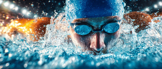 Swimmer breaks through water surface with determination during competitive race in indoor pool