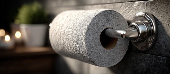 Close-up of toilet paper roll on a holder in a bathroom setting