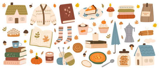 Hygge set. Hand drawn Scandinavian autumn elements. Cute sweater, knitting, candles, hot drink, pie, pumpkin spice latte, leaves. Comfortable lifestyle, cozy vibes. Vector flat illustration.