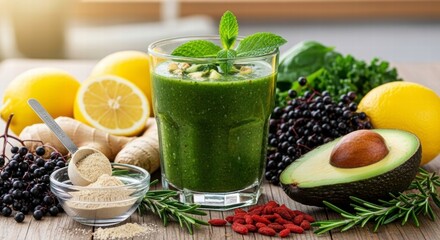 Vibrant Green Smoothie and Fresh Ingredients: A visually appealing composition of a healthy green smoothie and fresh fruits, leaves, nuts on the wooden table.