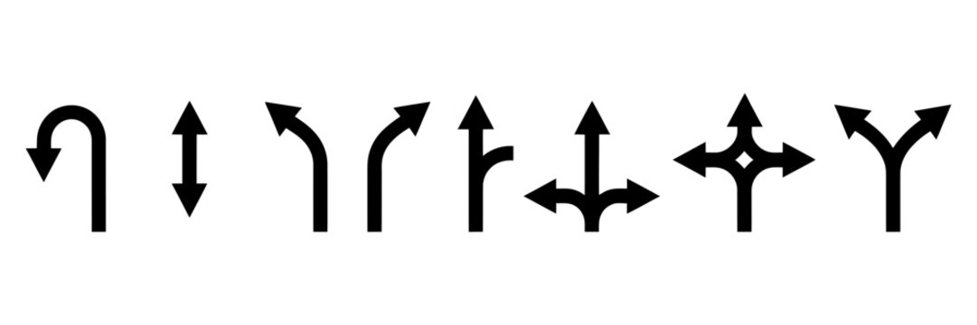 Directional arrow symbols set with various navigation signs including u-turn, double arrow, curved turns, split, merge, and crossroads options