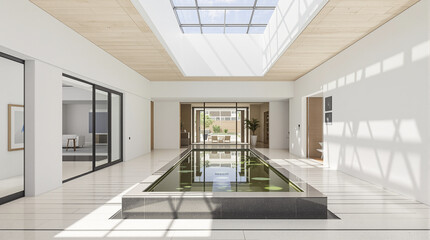 Obraz premium White indoor space featuring a central pond and skylight