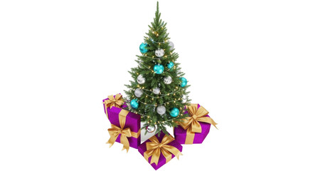 Isolated decorated Christmas tree with presents around it, holiday theme, festive season