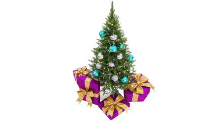 Isolated decorated Christmas tree with presents around it, holiday theme, festive season