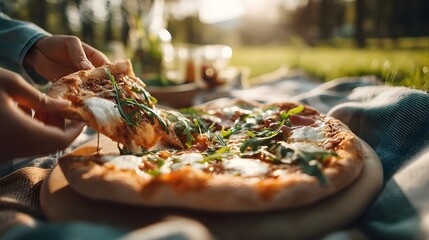 Person is holding a slice of pizza with spinach toppings. The pizza is on a wooden board and is placed on a blanket