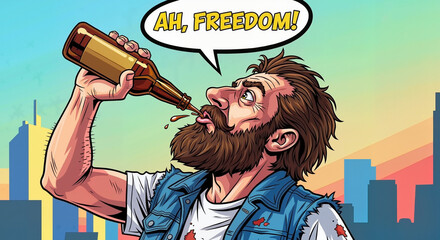 Man with beard enjoying beer and celebrating freedom in cityscape, comic-like caricature  