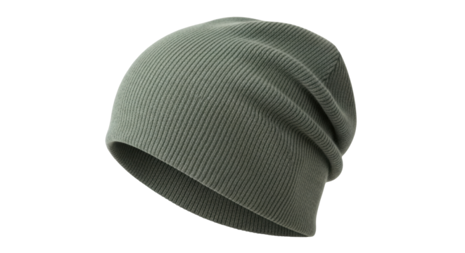 Isolated knit beanie hat, close-up view of knitted fashion item, olive-green color, winter headwear