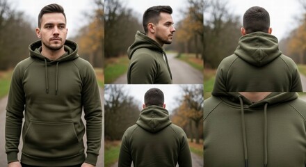 A Man in Olive-Green Hoodie: A man models a stylish olive-green hoodie, showcasing its design and fit from various angles, creating a lookbook aesthetic.
