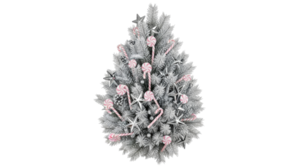 Isolated silver Christmas tree decoration with candy canes and star ornaments decor