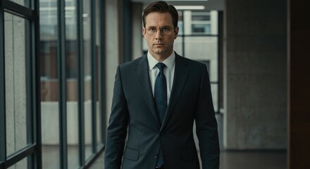 Serious Businessman in Modern Office Corridor