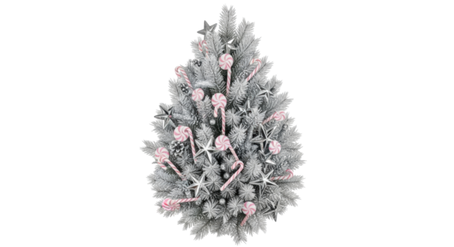 Isolated silver Christmas tree decoration with candy canes and star ornaments decor