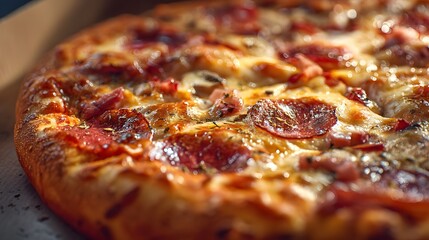 Pepperoni pizza with cheese and bacon toppings. The pizza is sitting on a cardboard box