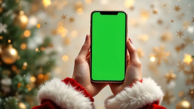 Santa Claus Woman Hand Holding Smartphone with Green Screen on Christmas Background