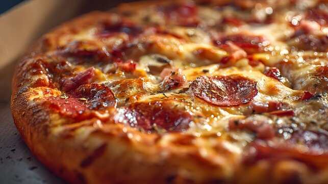 Pepperoni pizza with cheese and bacon toppings. The pizza is sitting on a cardboard box