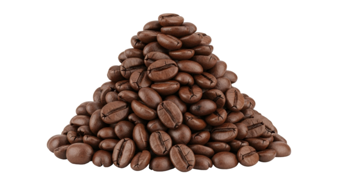 Isolated pile of roasted coffee beans in pyramid shape ready to brew into fresh, tasty coffee