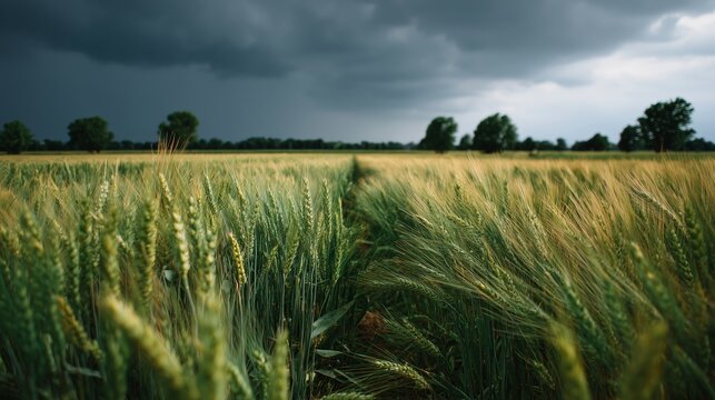 Storm clouds gather over a golden wheat field before an impending rainstorm