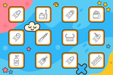 Manicure set icon. Nail, polish, cream, brush, file, cuticle, lotion, lamp, cleaner, nail art, tip, hand. Beauty, care, salon, hygiene, cosmetic, design.