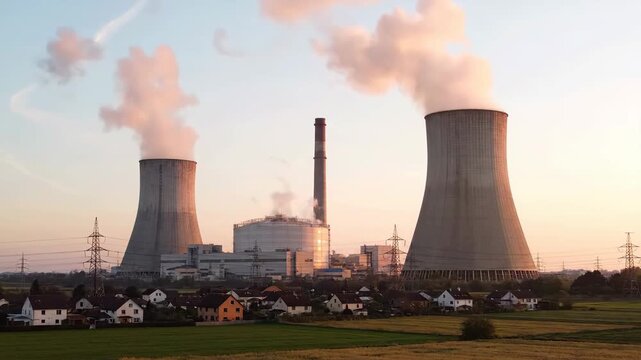 Extensive shot of a nuclear power plant with two large cooling towers releasing white smoke at sunset with pixelation effect. The plant is near a rural village, under a sky with golden hues.