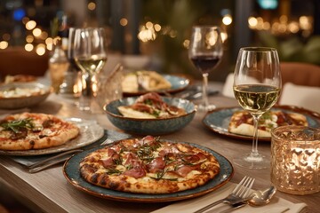 Table with a variety of food and drinks, including pizza, wine, and a fork. The atmosphere is casual and inviting, with the table set for a meal