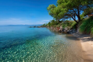 Tranquil beach scene with clear shallow water and a sandy shore shaded by trees under a clear blue sky