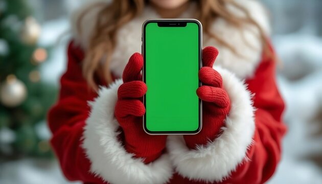 Santa Claus Woman Hand Holding Smartphone with Green Screen on Christmas Background