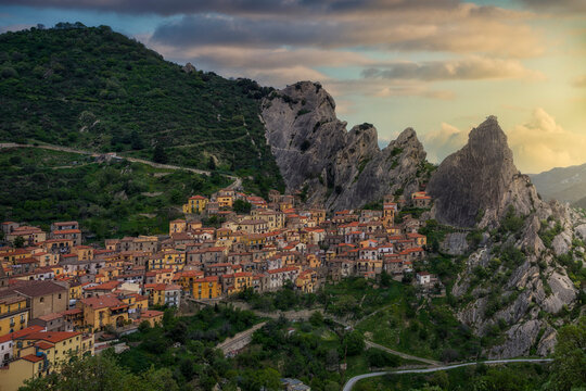Castelmezzano Village and Dolomiti Lucane Cliffs at Sunrise, Basilicata, Italy