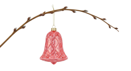 Isolated bell ornament hangs from a branch with buds against a neutral tone; holidays decoration