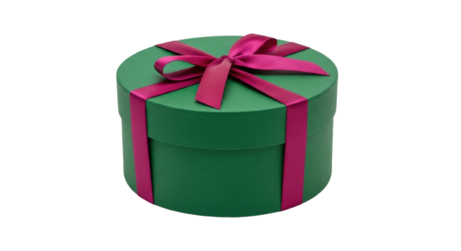 Isolated green present with bright pink ribbon, round gift box for Christmas or birthdays - Powered by Adobe