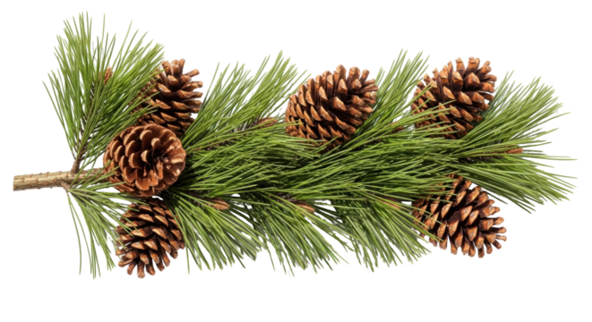 Isolated holiday evergreen sprig with pine cones for winter season or Christmas decor