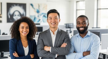Confident Team in Office: A group of three professionals exude confidence and approachability, posing in a modern office environment, symbolizing teamwork and corporate unity.