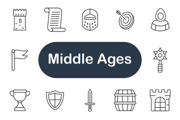 Middle Ages set icon. Castle, scroll, helmet, archer, knight, sword, shield, flag, trophy, barrel, fortress, mace, parchment, tournament, history, armor, weapon, medieval, victory, heritage