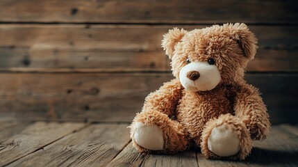Obraz premium Cozy Teddy Bear on Rustic Wooden Surface with Soft Lighting