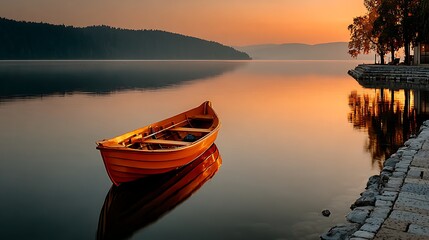 Tranquil orange sunrise over calm lake with boat creating stunning reflections, perfect for travel inspiration and peaceful getaway promotions