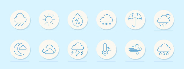 Naklejka premium Weather set icon. Circular outline icons with sun, clouds, rain, snow, wind, lightning, moon, humidity, temperature, storm, umbrella, and forecast symbols in minimalist design