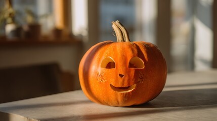 Cheerful Carved Jack-O'-Lantern on Rustic Wooden Surface in Warm Autumn Light