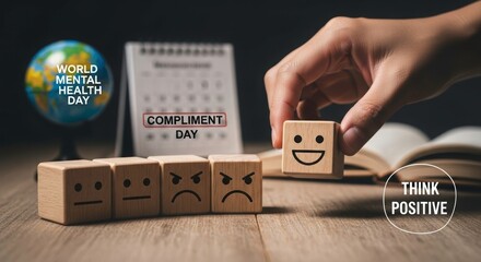 Think Positive: This image is a composition that uses wooden blocks and a hand interacting with those blocks, where the message is aimed at positive emotions and mental health awareness. 