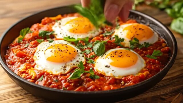 A pan of shakshuka with fried eggs, a tomato sauce, and green herbs being sprinkled