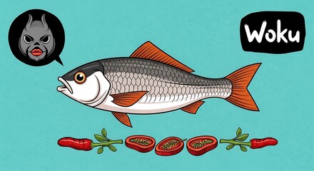 Fish Illustration with Woku Text and Vegetables on Blue Background.
